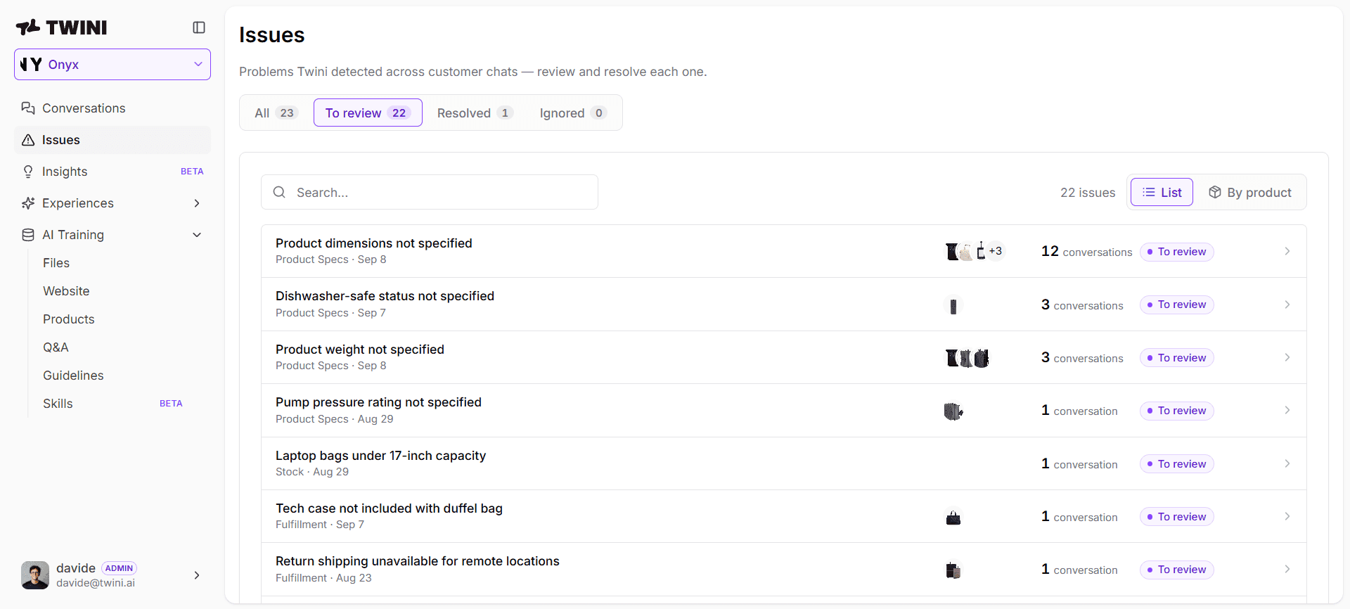 ONYX: The questions point to clearer product pages. — original Twini screenshot 2