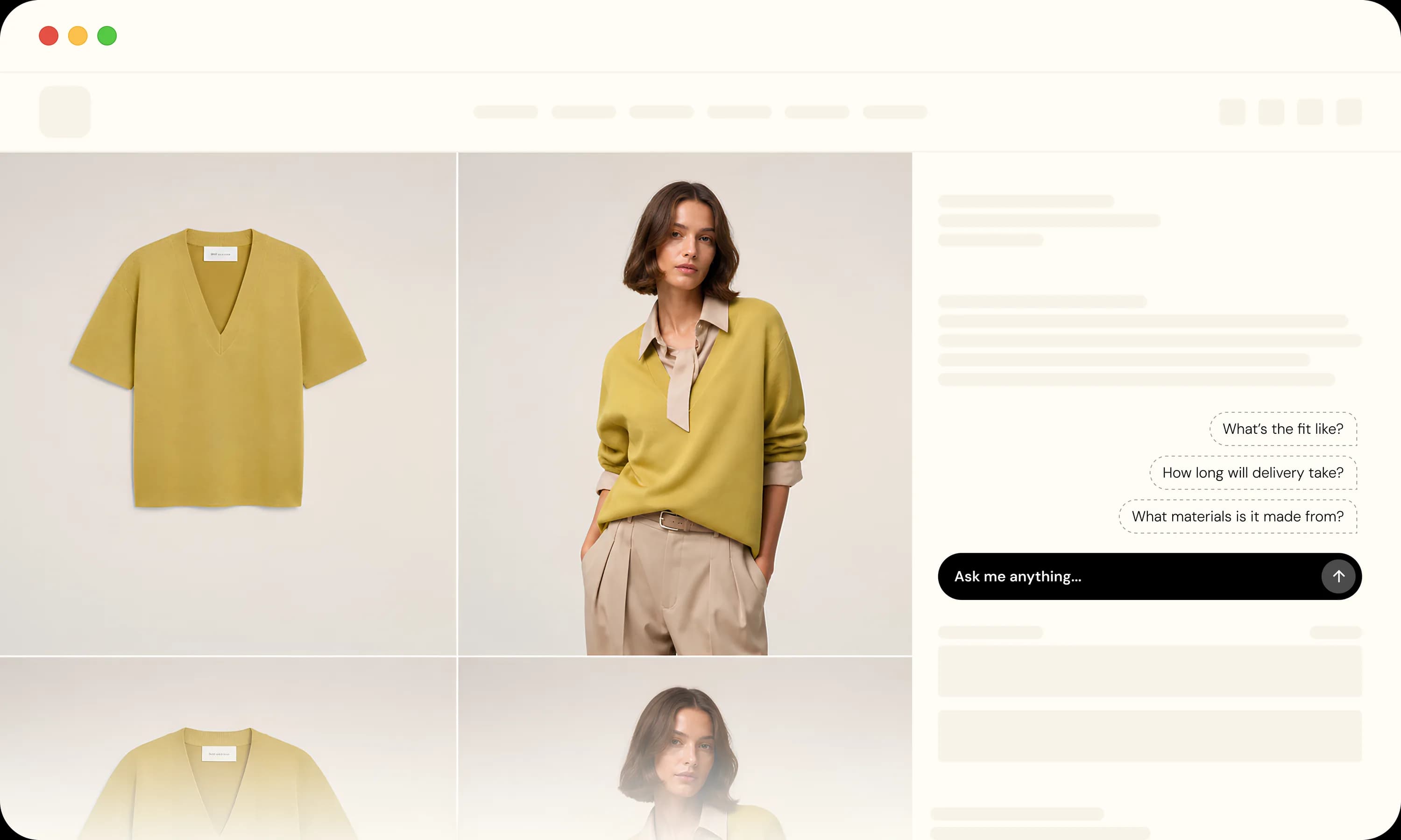 Product page preview with a yellow shirt, a model wearing it, and suggested questions for Twini