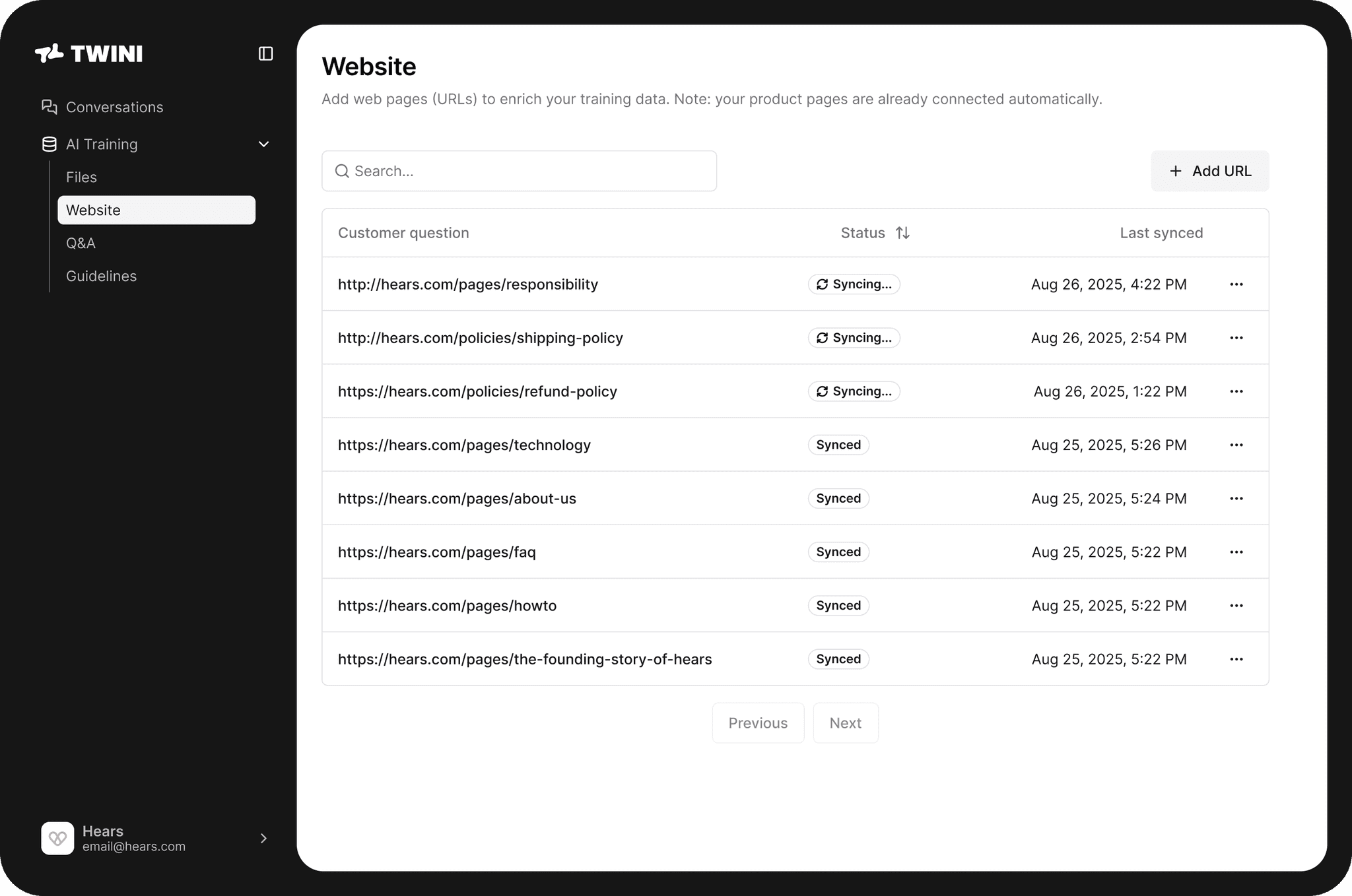 Twini dashboard: Connect your knowledge